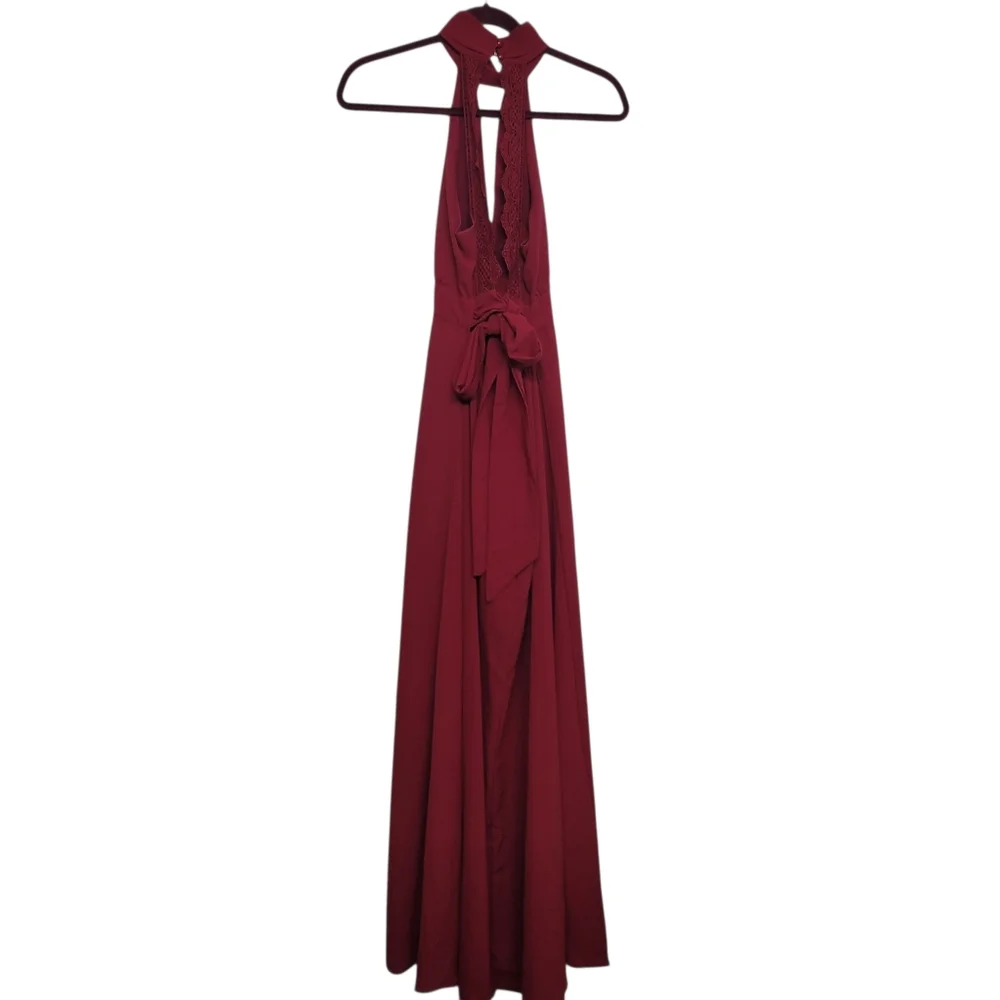 Showpo Elegant Burgundy Halter Neck Maxi Romper With Long Overlay - Size 4